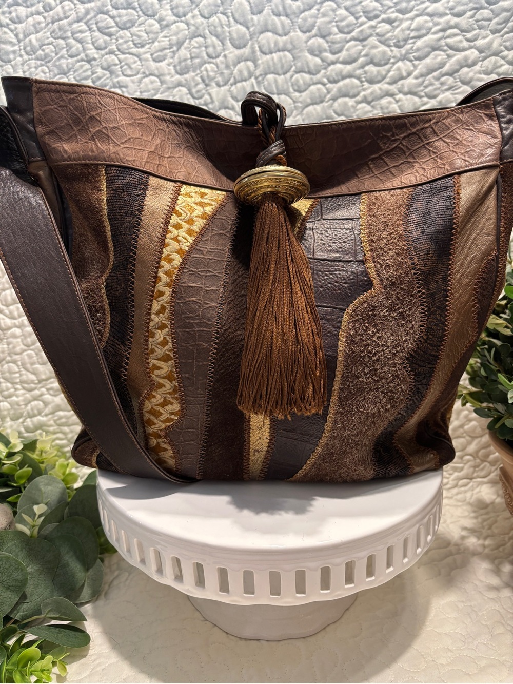 Vintage Brown Patchwork Leather Tassel Hobo Bag
